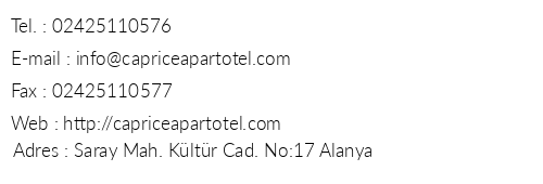 Caprice Apart Hotel telefon numaralar, faks, e-mail, posta adresi ve iletiim bilgileri